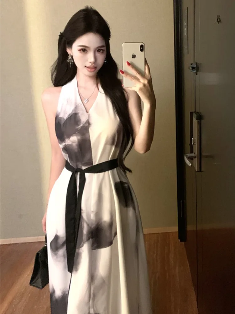 

New Chinese Style Water Ink Print V-Neck Sleeveless Hanging Neck Dress Women Summer Beach Vacation Elegant A-Line Long Dress
