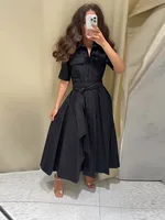 Elegant Belt Women Long Black Dress Full Sleeve Pleated Lapel Waist-Closed Female  A Line Dresses 2026 Spring Lady Robes New - Image 5