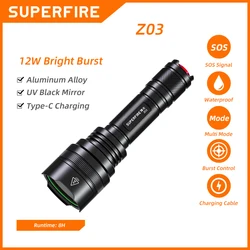 SUPERFIRE-Lanterna UV de Alta Potência, Z03, 12W, 365nm, Tocha Ultravioleta LED, Bateria 4000mAh, Luzes Ultra Violetas para Mancha de Urina Pet, Lanterna