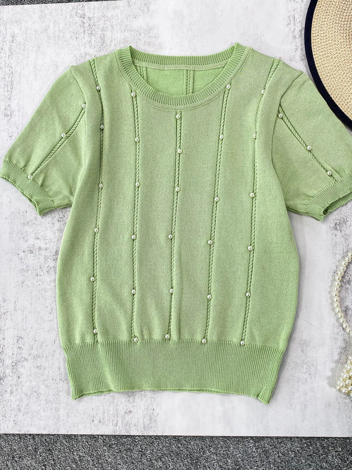 

Корейская футболка Sle Heavy Embellied Round Ne, женская эластичная свободная утягивающая футболка, однотонный вязаный повседневный костюм