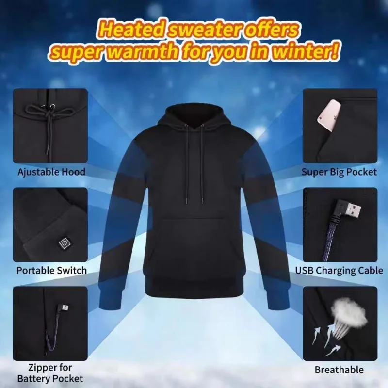 BorderStationUSBHeating Sweater Heating Thermal Hooded Sweatshirt Leisure Unisex Wear