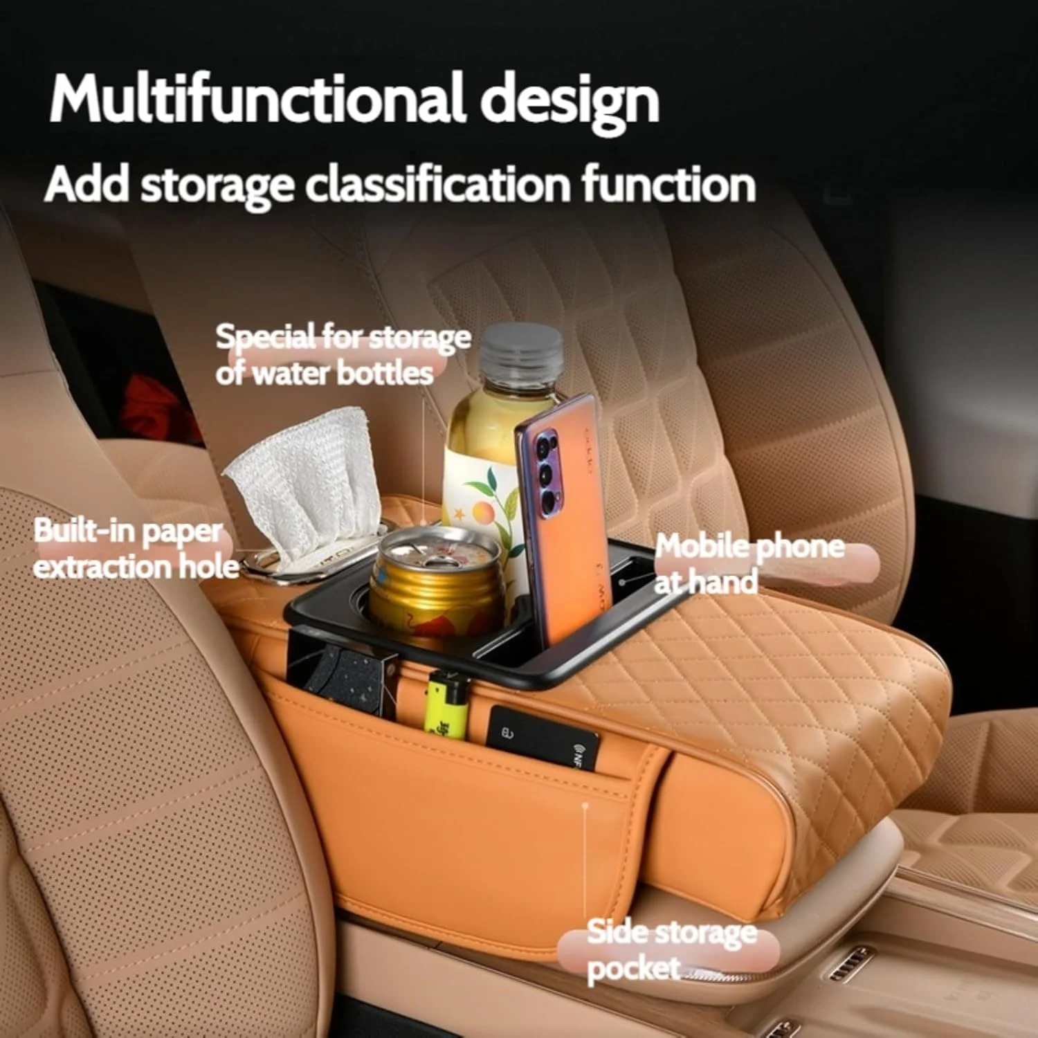 Napa leather car armrest storage box with cup holder and phone holder for car center console