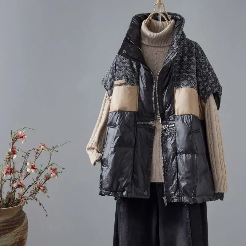 Col montant contrasté vers le bas gilet femme court ample et à la mode blanc canard vers le bas Camisole veste manteaux d'hiver femmes