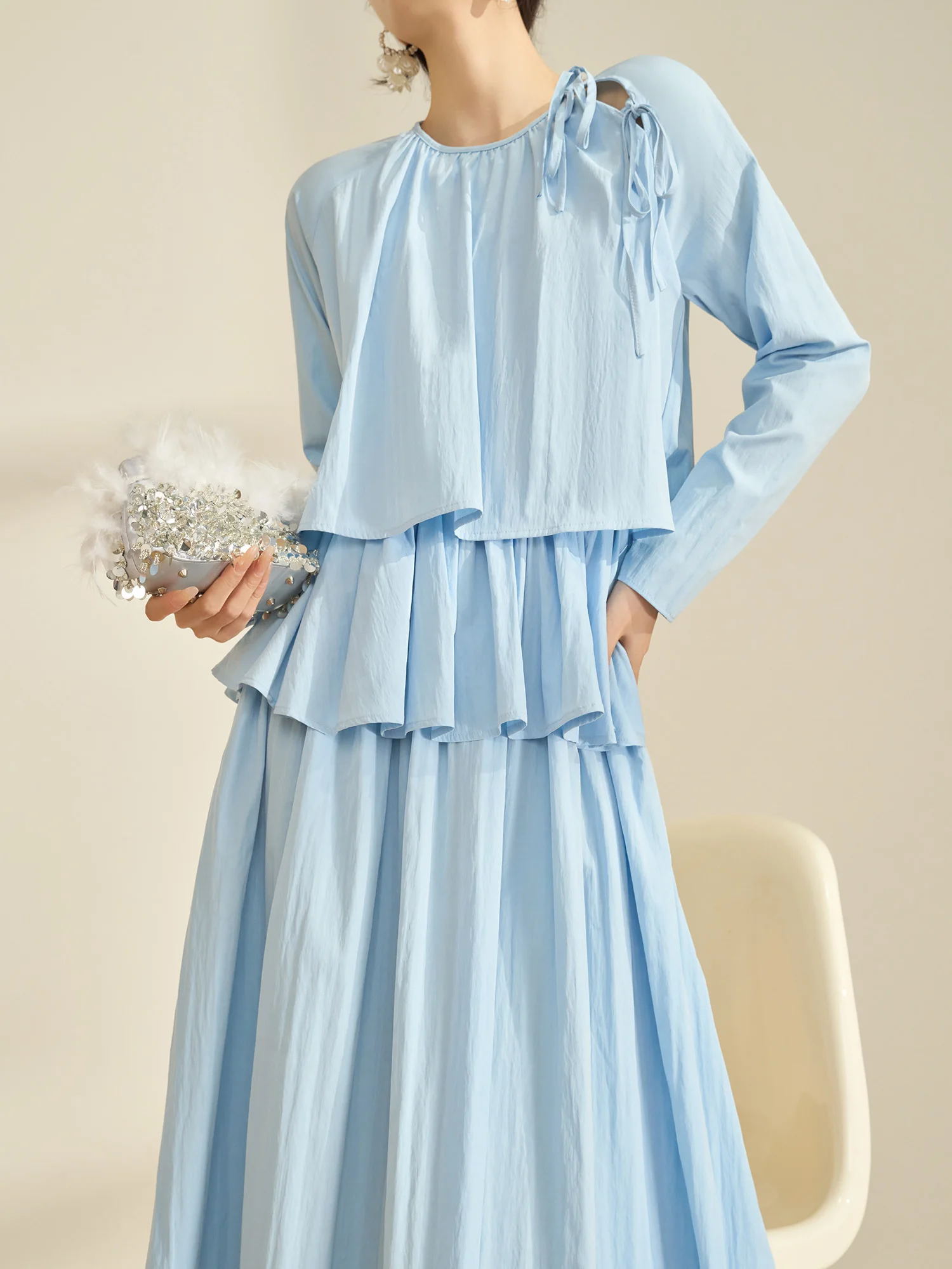 

Ele Blue Cake Dr Women's Long Sve Belted Design Spring 2026 New Sle Casual Comfortable Polyester Fiber H-ape Skirt