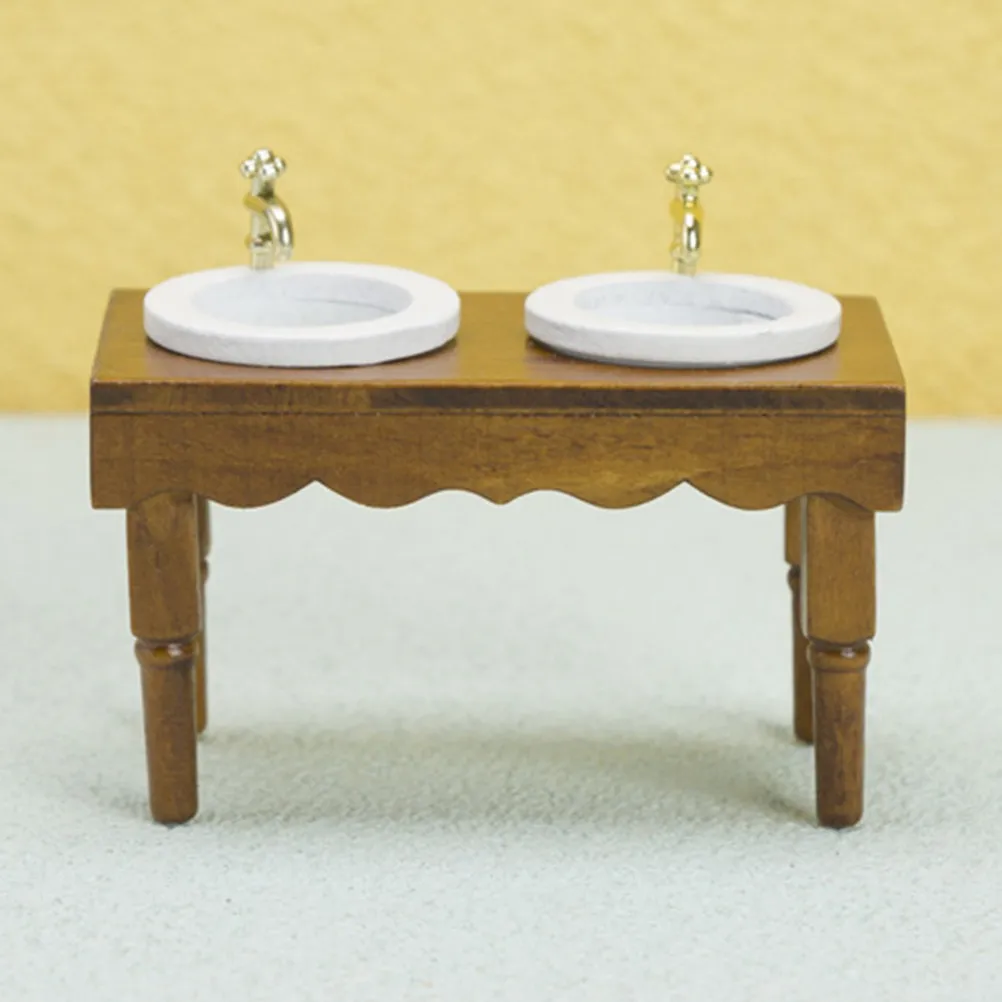 Mini House Bathroom Wash Basin Cabinet Wooden Miniature Wash Sink Bathroom Scene Prop Miniature Furniture Ornament Mini House