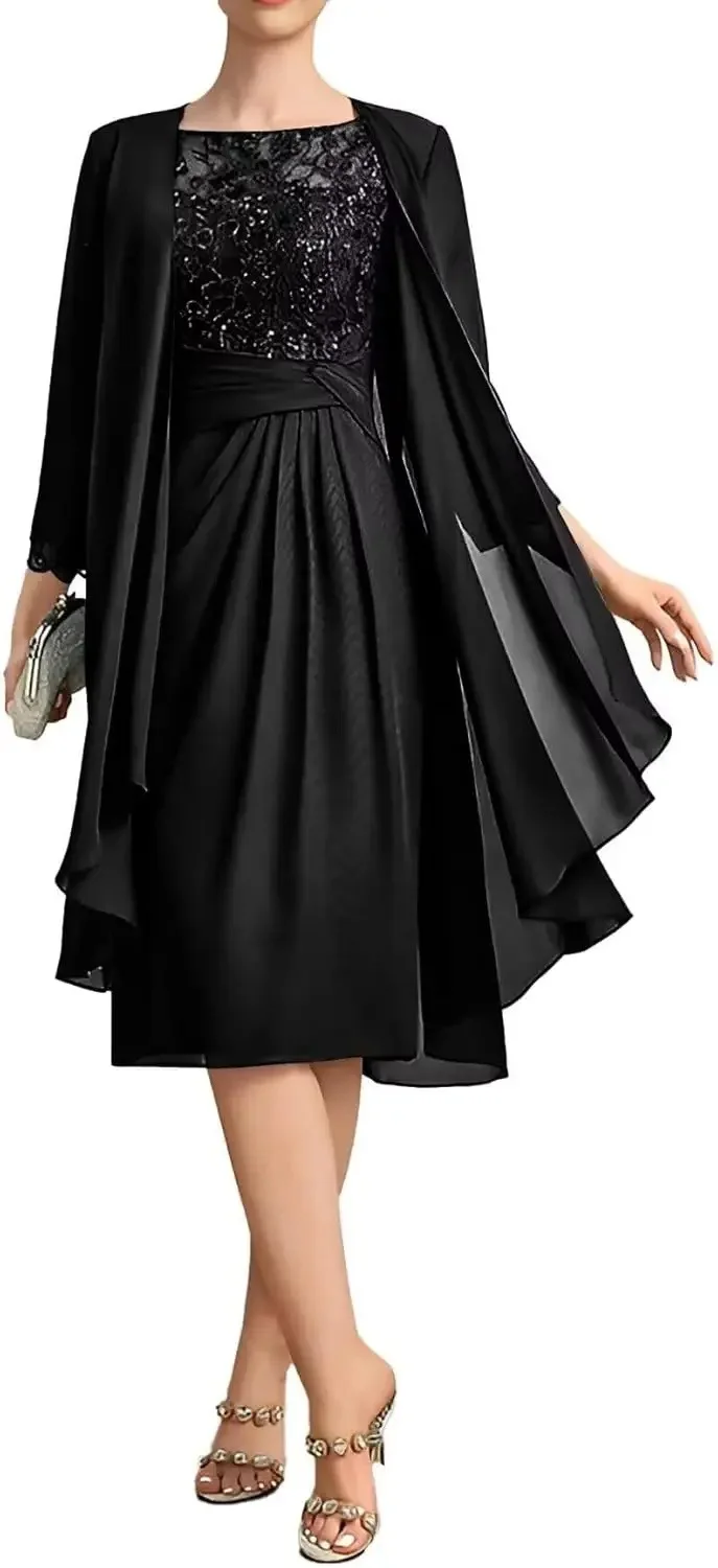 QMANSHA Maßgeschneidertes staubblaues Spitzen-Chiffon-Abendkleid in Knielänge für die Brautmutter mit geraffter Taille – Detail 9