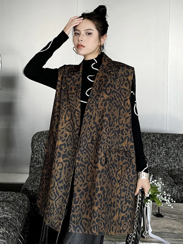 YERMORA Leopard Print Pocket Casual Vest Coat For Women Lapel Sleeveless Fashion Tide Clothing Spring Autumn 2025 New A330