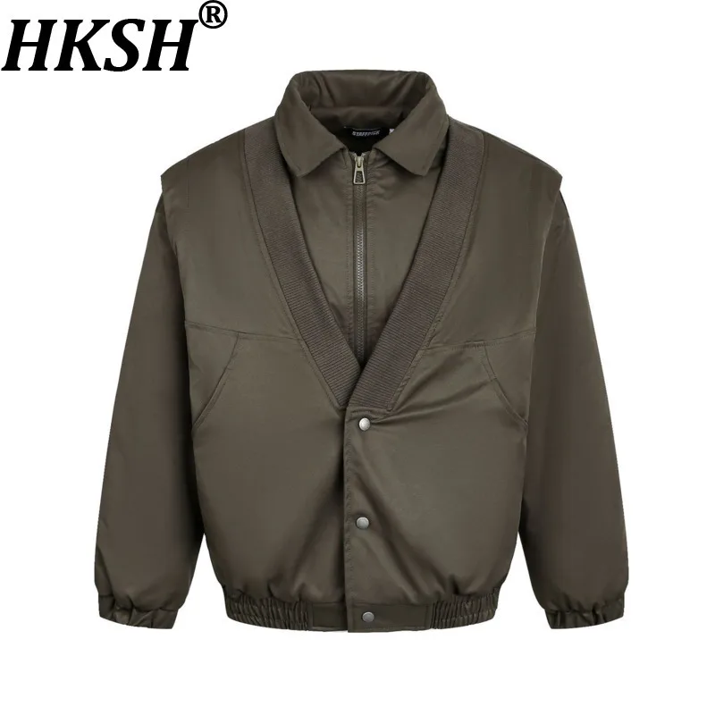

HKSH 2025 Winter New Women Wadded Jacket Turn-down Collar Zipper Buttoned Fake Two-Piece American Retro Chic Padded Coat HK13607