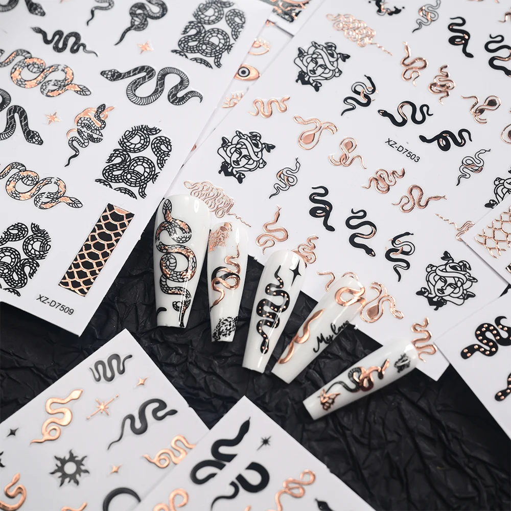 12 pz Hot Stamping Modello Del Serpente Adesivi Per Unghie Hollow Oro Rosa Pelle di Serpente Decalcomanie Per Unghie Di Lusso Serpente Curvo Cthulhu Manicure Decor