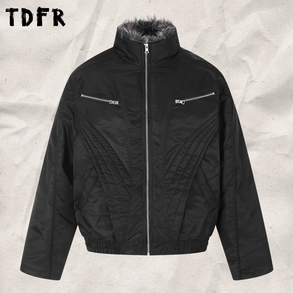Spliced Fur Collar Quilted Jacke Mens Winter Zip Pocket Stand Collar Long Sleeve Thick Outerwear Man
