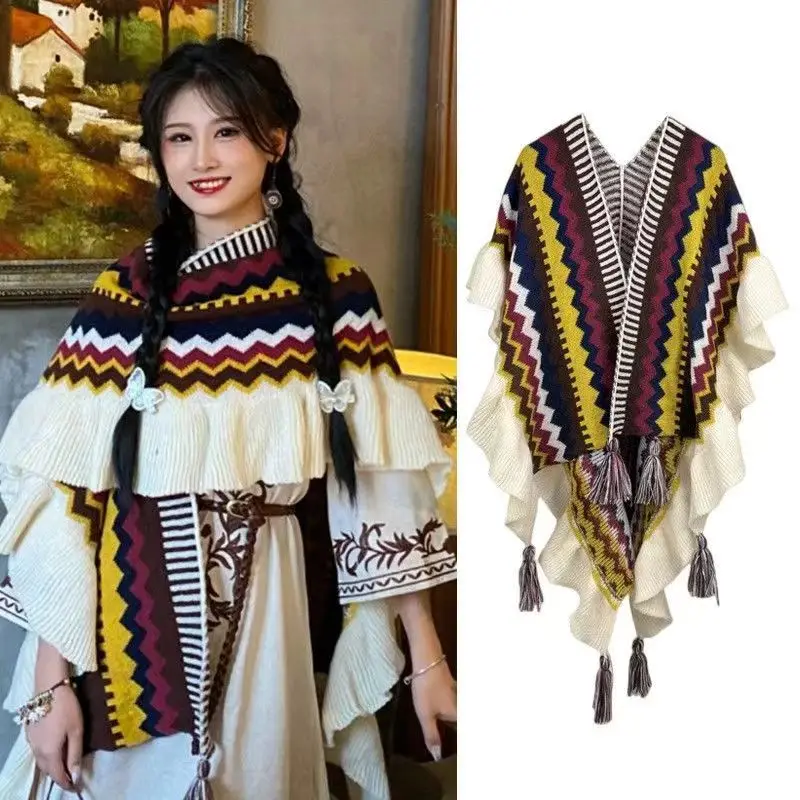 Women's Warm Shawls Wraps Ethnic Style Knit Sweater Tasseled Poncho Fashion Colorful Striped Bohemian Cape Cardigan