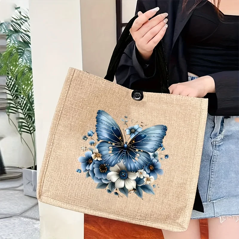 Butterfly Print Tote Bag Casual Style Fixed Shoulder Straps Buckle Closure Polyester Lining Practical Interior Pockets