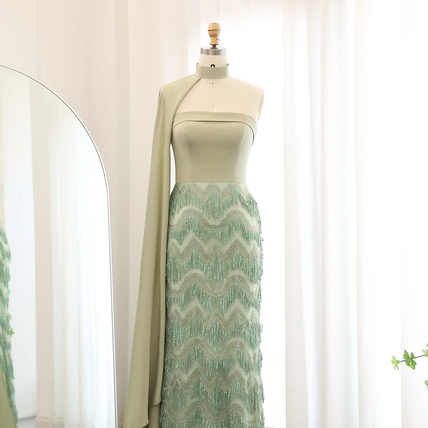 Sharon Said Dubai Blaues Zweiteiliges Abendkleid, Luxuriöses Hochgeschlossenes Perlenbesetztes Quastenkleid, Formelle Damen-Ballkleider SS143, Maßanfertigung – Detail 13