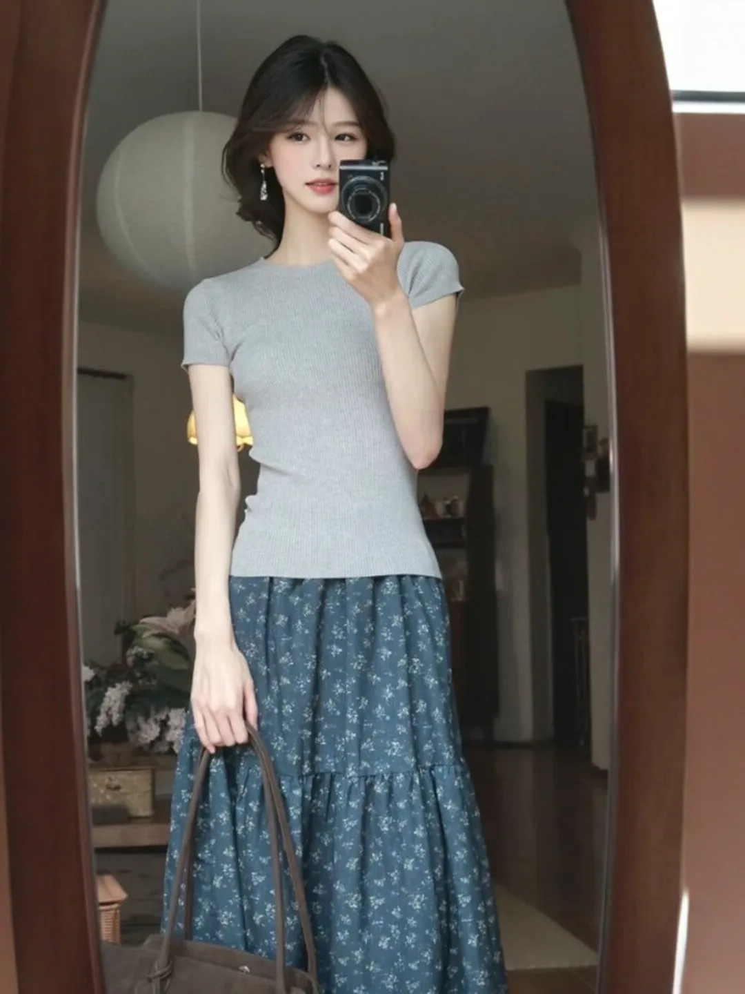 

Retro Korean Style Floral Print Half Skirt And Top Set Youthful Summer Fashion Two-Piece Ensemble Comfortable Cotton Material
