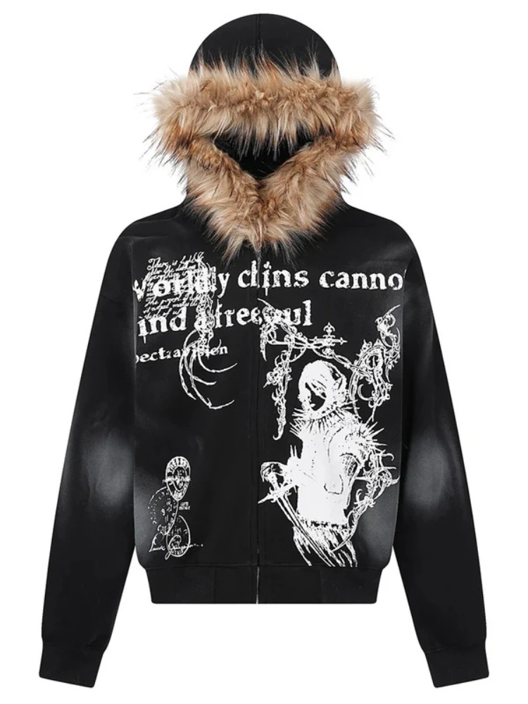 New autumn and winter subculture dark style fur collar brim front figure text print back sword pattern hoodie street trend ins