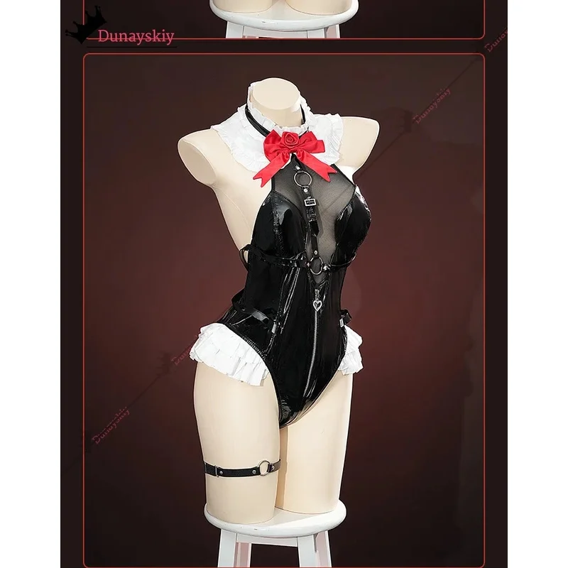 

2025 Marie Roses Cosplay Costume Summer Swimsuits PU Cortex Black Bodysuit Women Halloween Uniform Anime Outfits Wig Prop