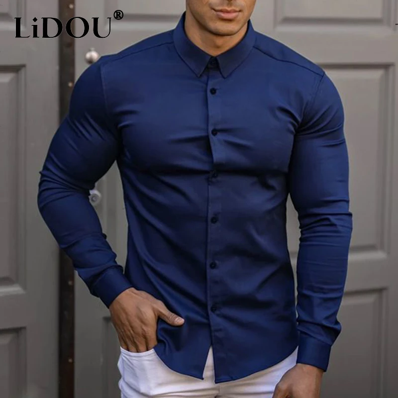 Primavera outono super fino ajuste simples bussiness camisas masculinas de manga longa anti-rugas muscular polo pescoço sólido blusas de negócios homme