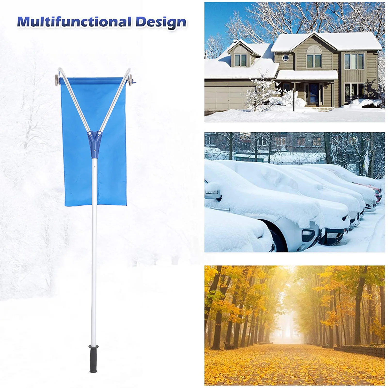 

193-650cm Roof Snow Rake Telescopic Skid-proof Rod Snows Removal System Extendable Handle Adjustable Length Cleaning Tool