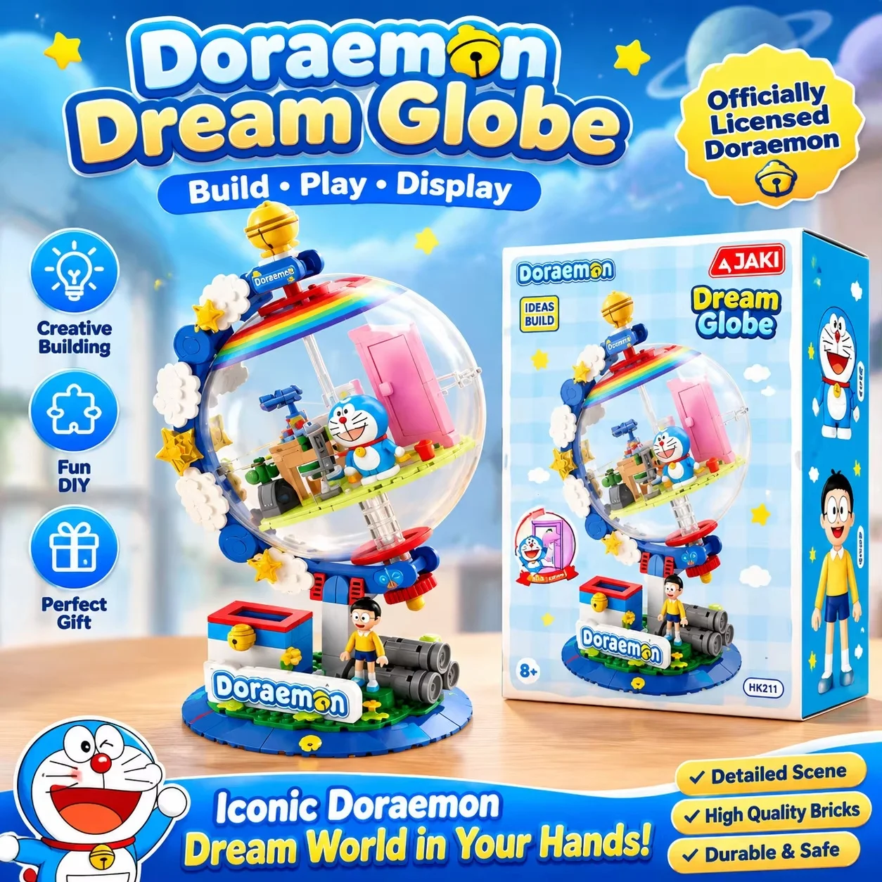 JAKI Doraemon Licensed Globe Building Blocks Blind Box HK211 Rotatable With Led Light Creative Desktop Decoration Toy Gift view 6
