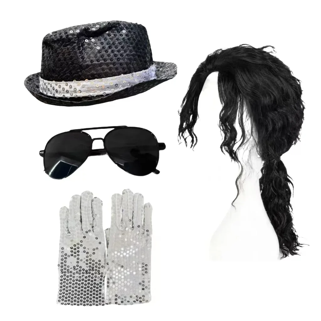 Jackson style sequined hat and glove set, sparkling disco dance dress up, Halloween stage performance, role-playing accessories