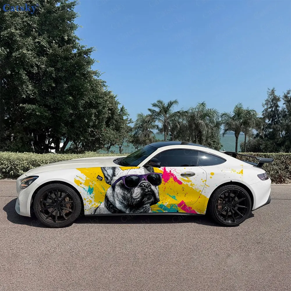 2pcs Color Splatter French Bulldog Car Side Wraps, Self-Adhesive PVC Waterproof & Scratch-Resistant Stickers, Car Accessory Gift