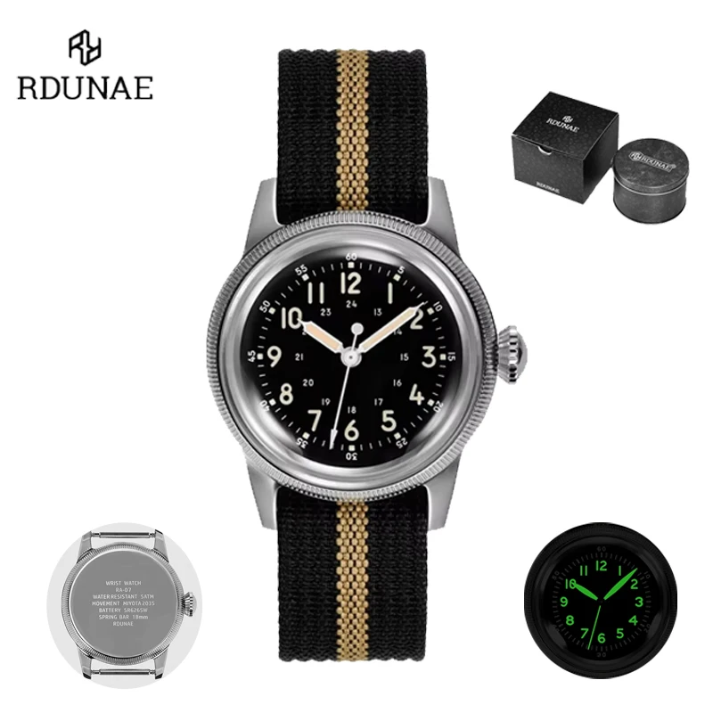 

Rdunae RA07 Кварцевые часы 36 мм Ретро Военные GG-W-113 G10 Miyota Механизм Ткань 50 м Водонепроницаемые спортивные винтажные часы для мужчин