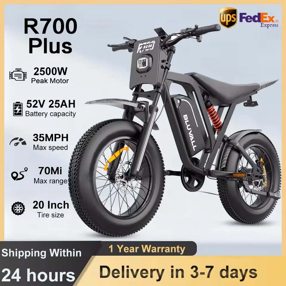 US Stock R700 Peak 3000W 125N.m Motor Electric Dirt Bike, 60V 30Ah Battery 35MPH/40MPH Top Speed Off Road Electric Bicycle For Teen, 20 Inch All-Terrain Fat Tire, Max Range 90Mi Full Suspension & Hydraulic Brakes UL2849