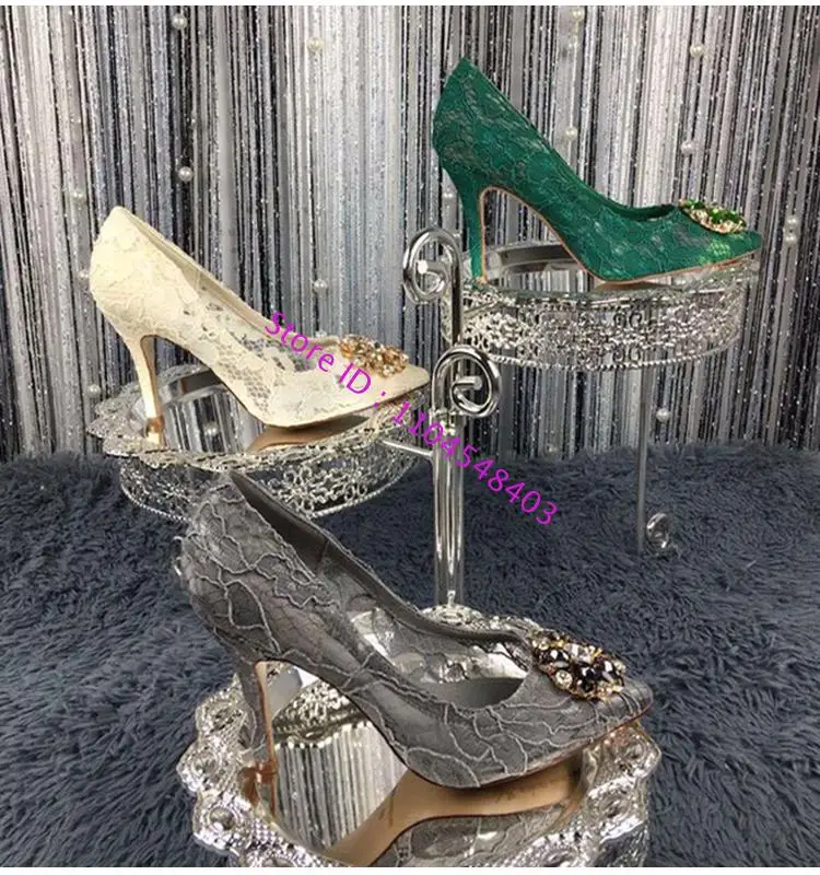 

Design Women Hollow Lace High Heel Shoes Sexy Lace Dress Bride Diamonds Wedding Shoes Pointed Toe Flower Diamonds Lace Shoes