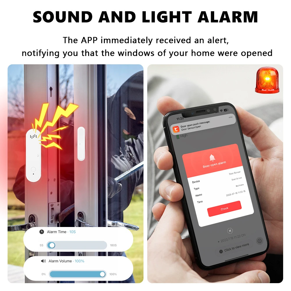 Tuya Smart WiFi Door Sensor 80dB Sound Window Door Sensor Smart Life Arm Disarm Door Sensor APP Alert On Site Alarm Door Sensor