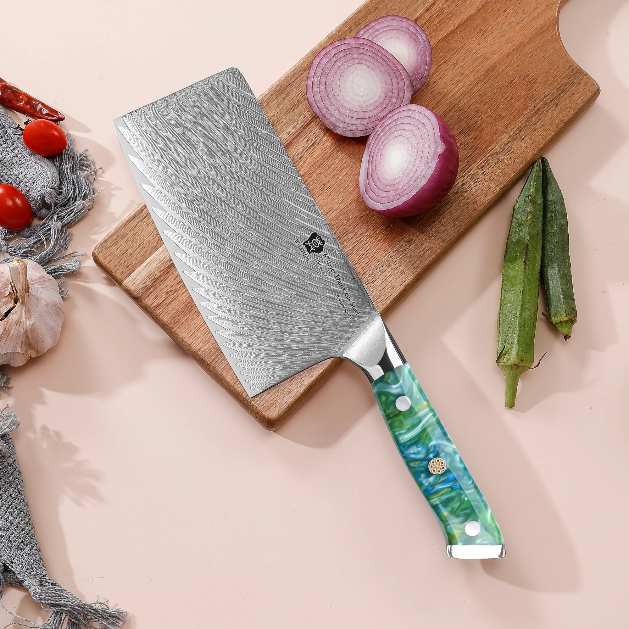 WILDMOK Meat Cleaver Knife, 7 Inch Damascus VG10 Steel Knife, Professional Kitchen Knife with Silver Ion Blade Resin Handle