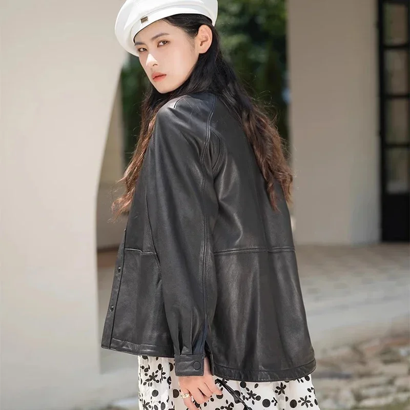 Veste en cuir véritable décontractée pour femme, manteau de motard, manteau de moto en peau de mouton véritable, simple boutonnage, document solide, tendance printemps et automne, 2024