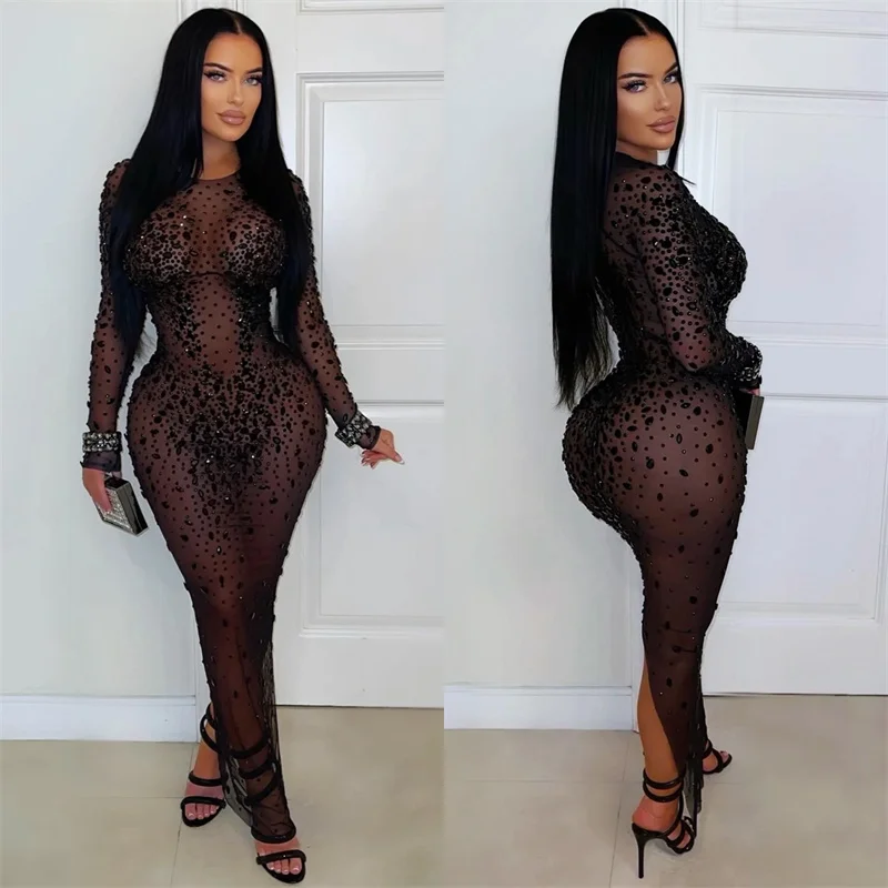 Doyerl Mesh See Through Zwarte Strass Jurk Luxe Sexy Vrouw Nachtclub Party Lange Mouw Terug Split Bodycon Maxi Jurken