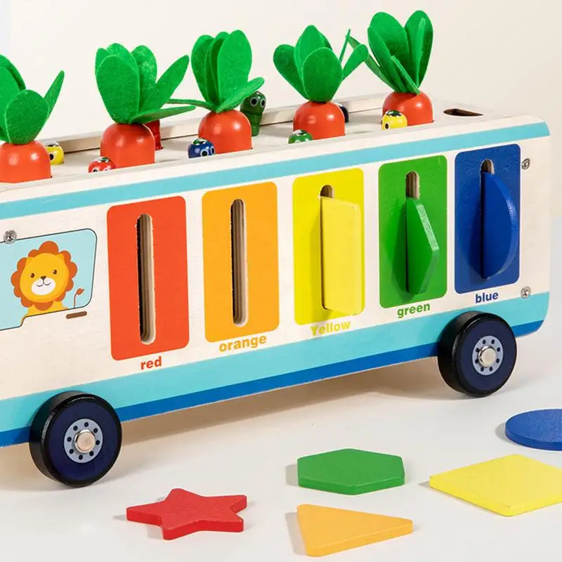 Wooden Carrot Harvest Set Children's Carrot Color And Shape Sorting Toy Lovely Bus Design Wooden Shape Sorter For School Camping