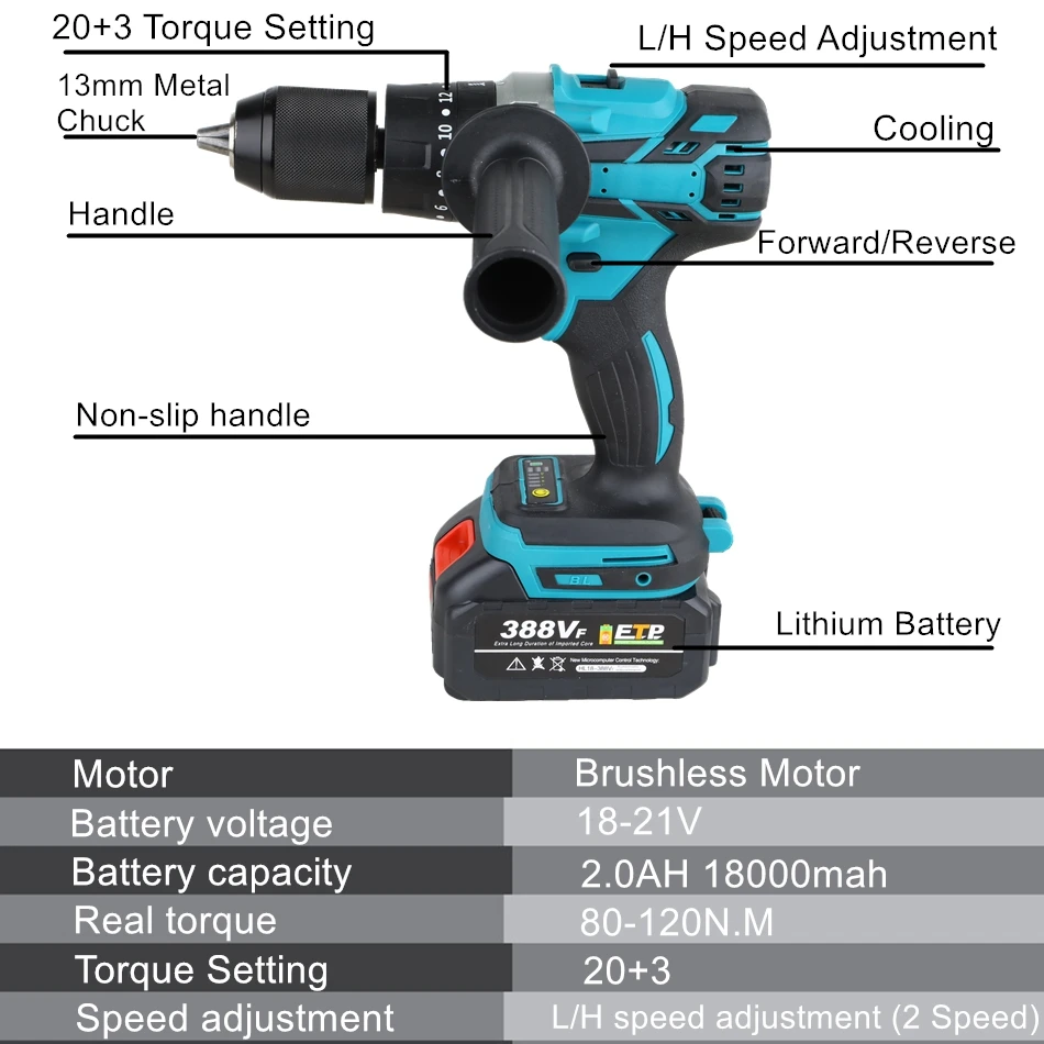 13mm Brushless Electric Drill 115N.M Cordless Electric Screwdriver Impact Drill Wireless Power Driver DC Lithium-Ion Battery