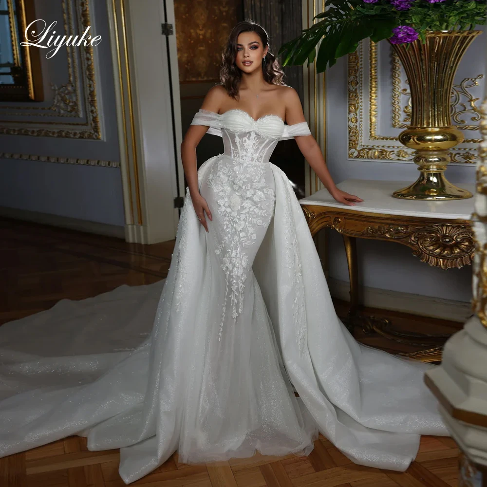 Liyuke Elegance Style Sweetheart Mermaid Women Wedding Dresses Beading 3D Appliques Lace Off Shoulder Sleeves Bridal Gowns