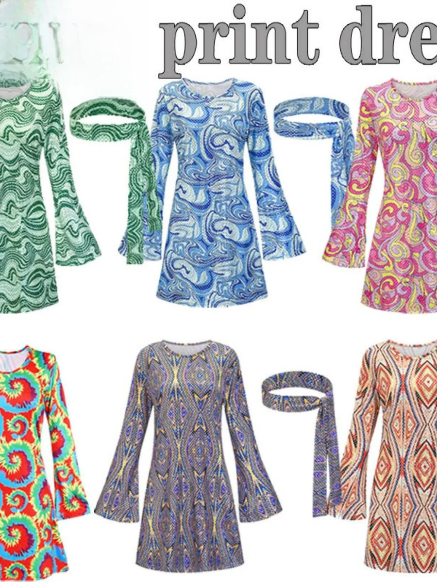 Хэллоуин 70-х годов Костюм хиппи Сценическое представление Ночной клуб Бар Парный наряд Ретро полиэстер Женская этническая мода Традиционный ...