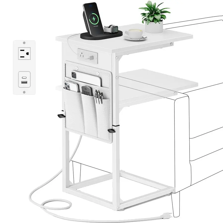 

C Shaped End Table with Charging Station, Adjustable Height Side Table for Couch, Small Sofa Table for Small Spaces, Slide Under