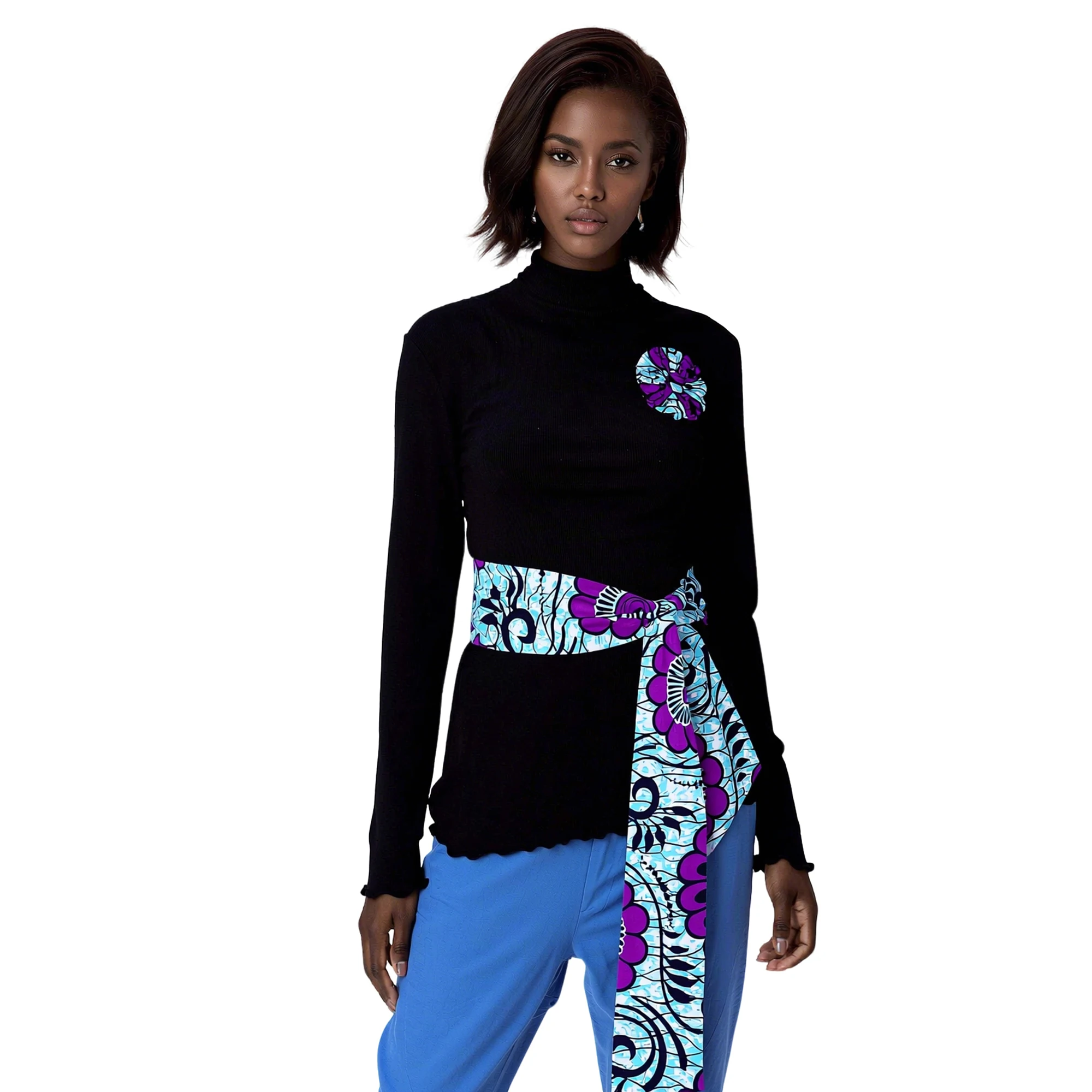 African Ethnic Ankara Print Waist Sash With Matching Flower Brooch Set Ladies Fabric Belt Outfit Ornament WYB1064