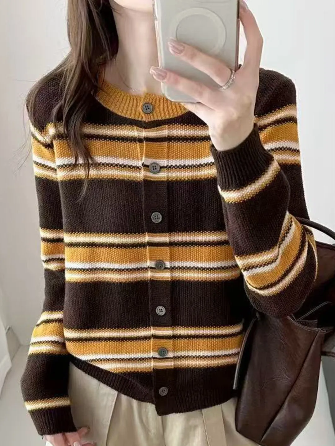 Retro Striped Versatile round Neck Knitted Open Cardigan Women Slimming Color Block Outerwear Large Size Single Button Sweate...