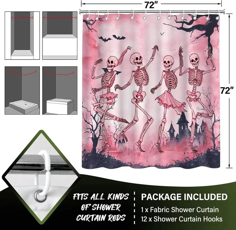 Dripping blood spooky skeleton goth shower curtain liner Halloween horror bathroom novelty bath curtain art print for party deco