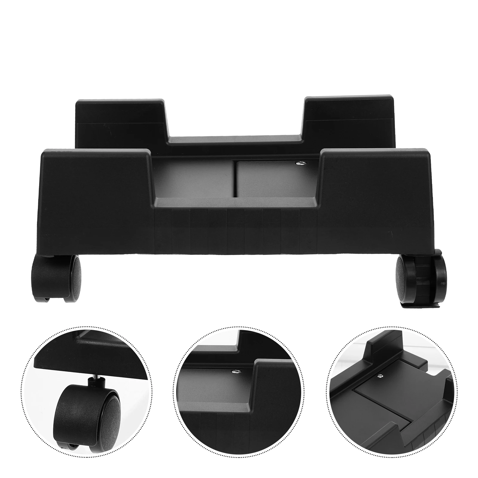 

Movable Computer Tower Stand Plastic Cpu Holder Brake Wheels Heat Dissipation Radiating Holes Rounded Corners