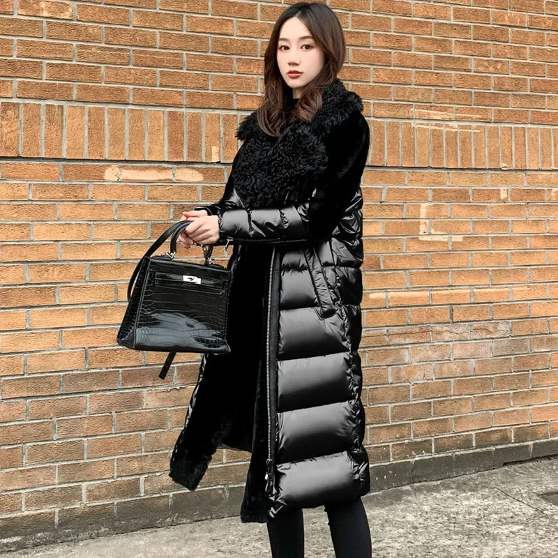 High-end verdicken lange Parkas Frauen schwarz glänzend Patchwork Lammhaar weiße Entendaunenmantel Silber Winter warme Damen Outwear