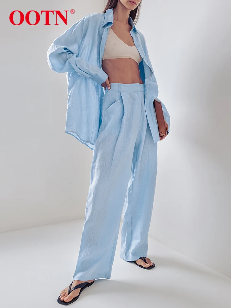 

OOTN Fashion Blue Linen Pants Sets 2 Pieces Women Summer Long Sleeve Loose Blouses Casual Pleated Wide Leg Pants Suits Vacation