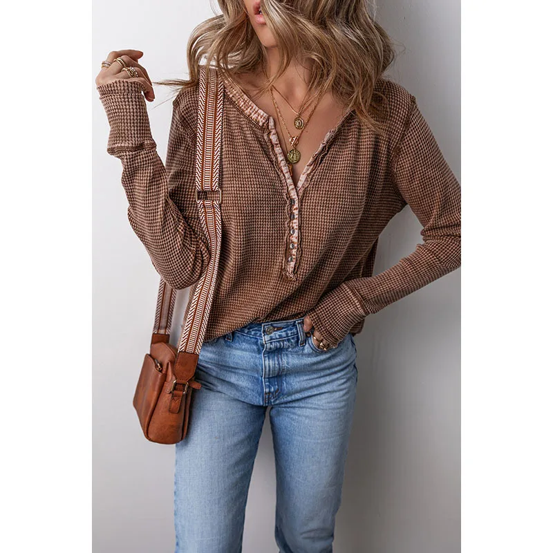 

Женский однотонный пуловер на пуговицах с v-образным вырезом и длинными рукавами, осенний свитер в европейском и американском стиле, потертый топ