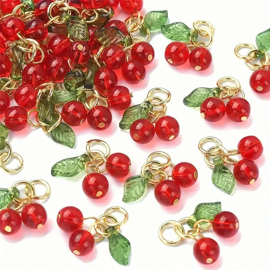 6pcs Sweet Red Glazed Cherry Earring Charms Handmade Fruit Pendant Diy For Necklace Phone Chains Jewelry Make Accessory