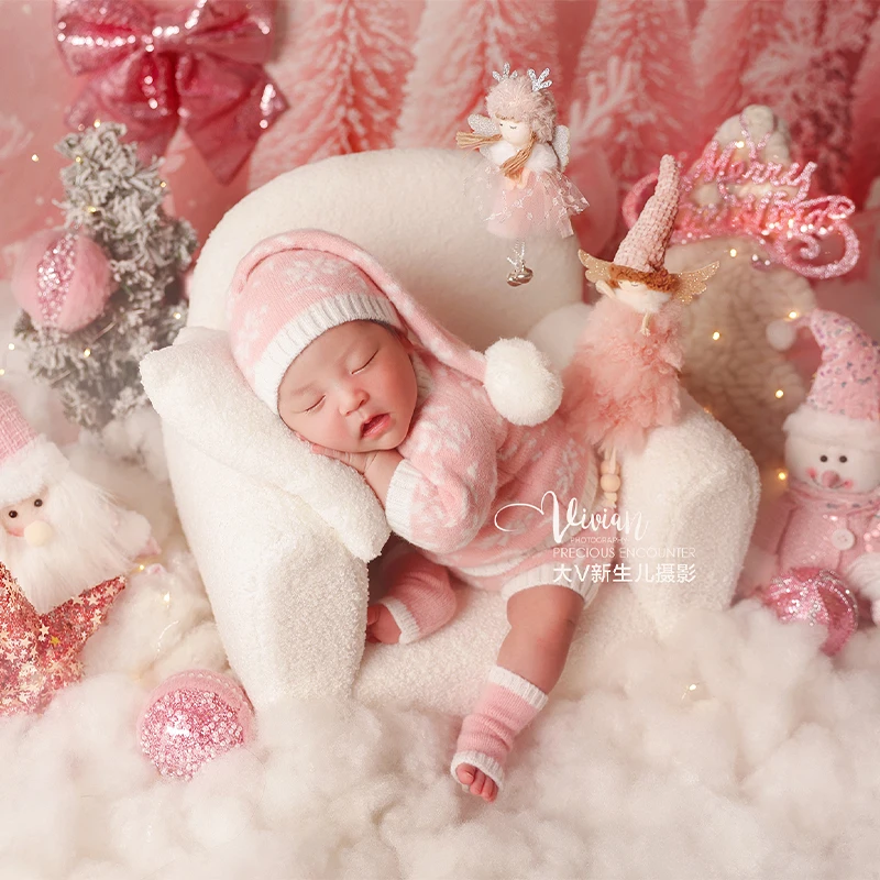 Newborn Baby Girl Christmas Outfit Pink Knit Santa Costume Plush Snowman Doll Mini Christmas Tree Newborn Photography Scene Prop
