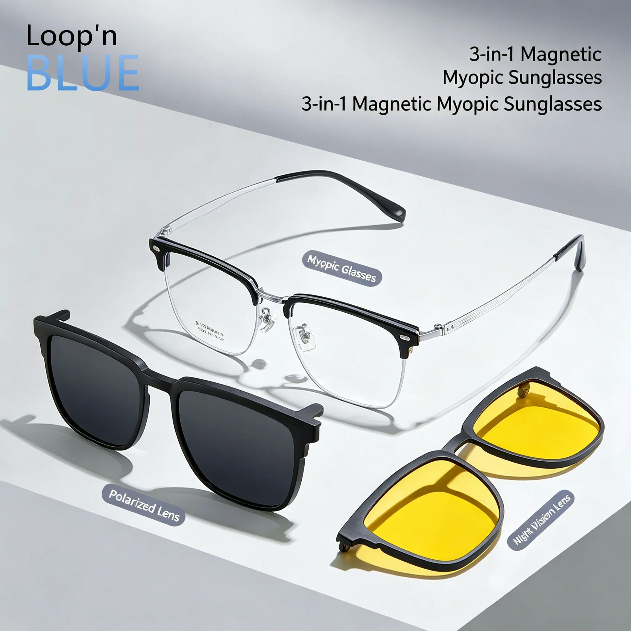Loopnblue Metal Men's Magnetic Clip-on Polarized Sunglasses set Custom Prescription Optical Glasses for Myopia Hyperopia
