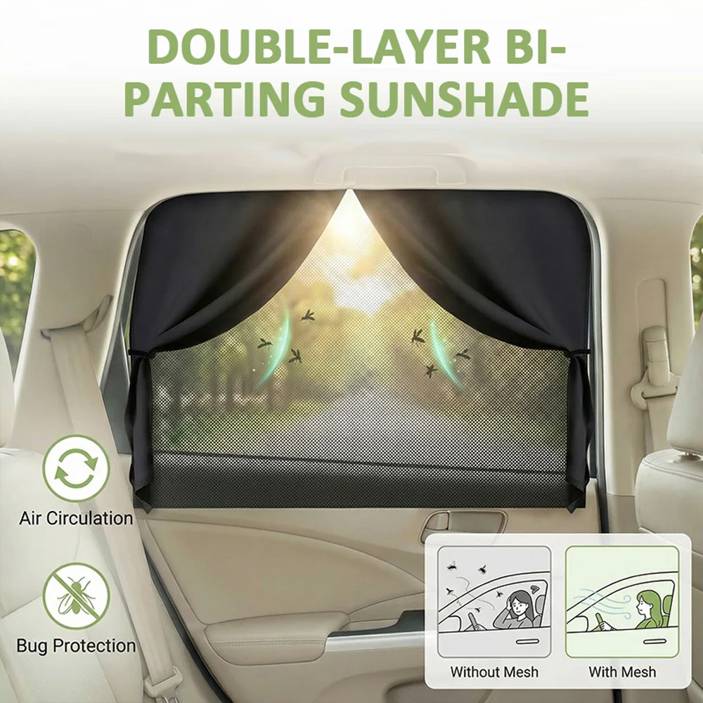 Protetor Solar para Carro de Dupla Camada com Abertura Dividida, Proteção Solar, Repelente de Mosquitos e Isolamento Térmico, Sombra Magnética para Janela Lateral Traseira