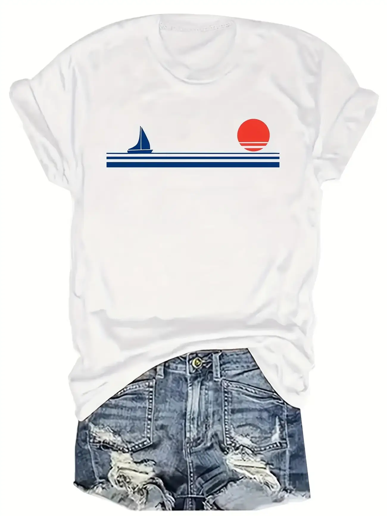 

Plus size women's short sleeve T-shirt Sailboat Horizon Sun Stripes Ocean Spring and Summer Essentials summer outfits women's