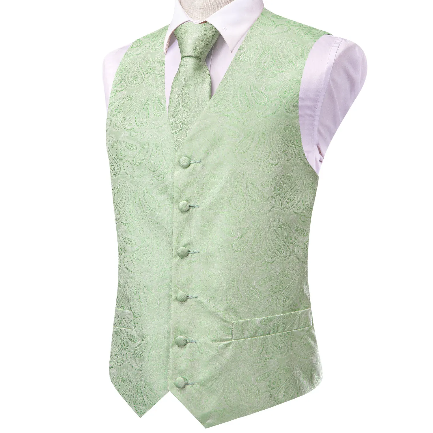 Hi-Tie Green Paisley Silk Vests for Men V-Neck Jacquard Waistcoat Jacket Necktie Hanky Cufflinks Clips Wedding Business Designer